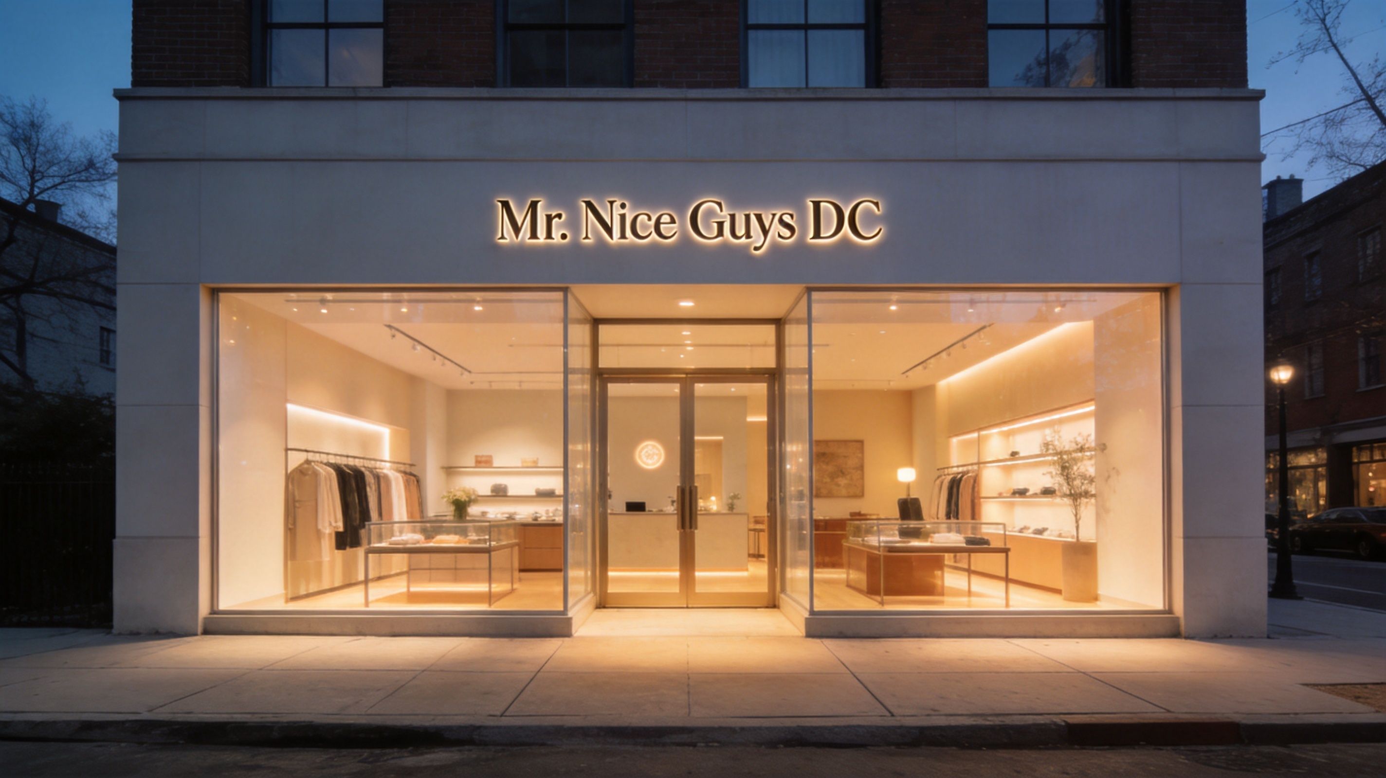 The exterior of the modern Mr. Nice Guys DC dispensary store facade at dusk.