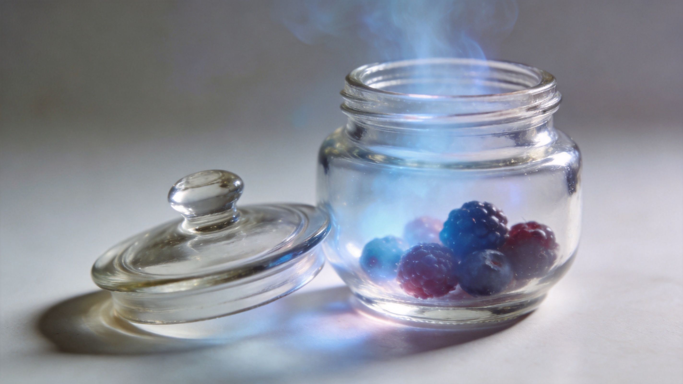 A glass jar contains assorted fresh berries with a mysterious blue smoke rising from within.