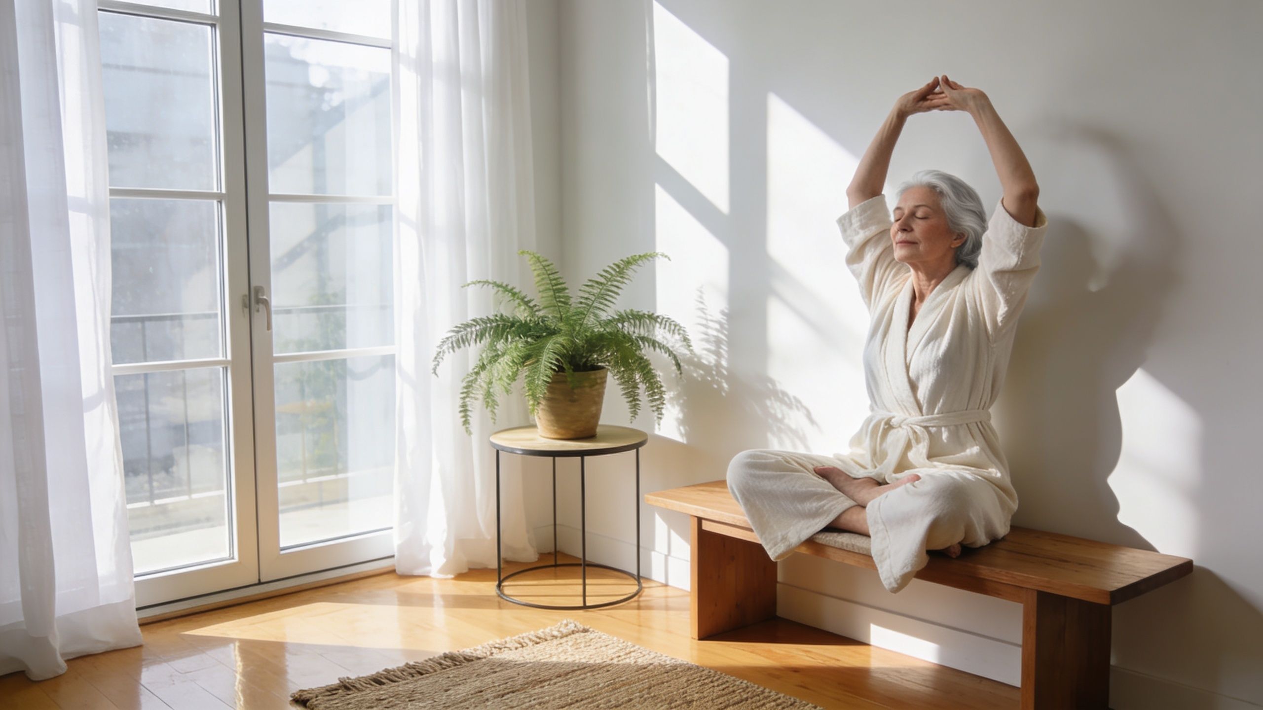 A serene older woman in a white robe practicing yoga and meditation on a wooden bench.