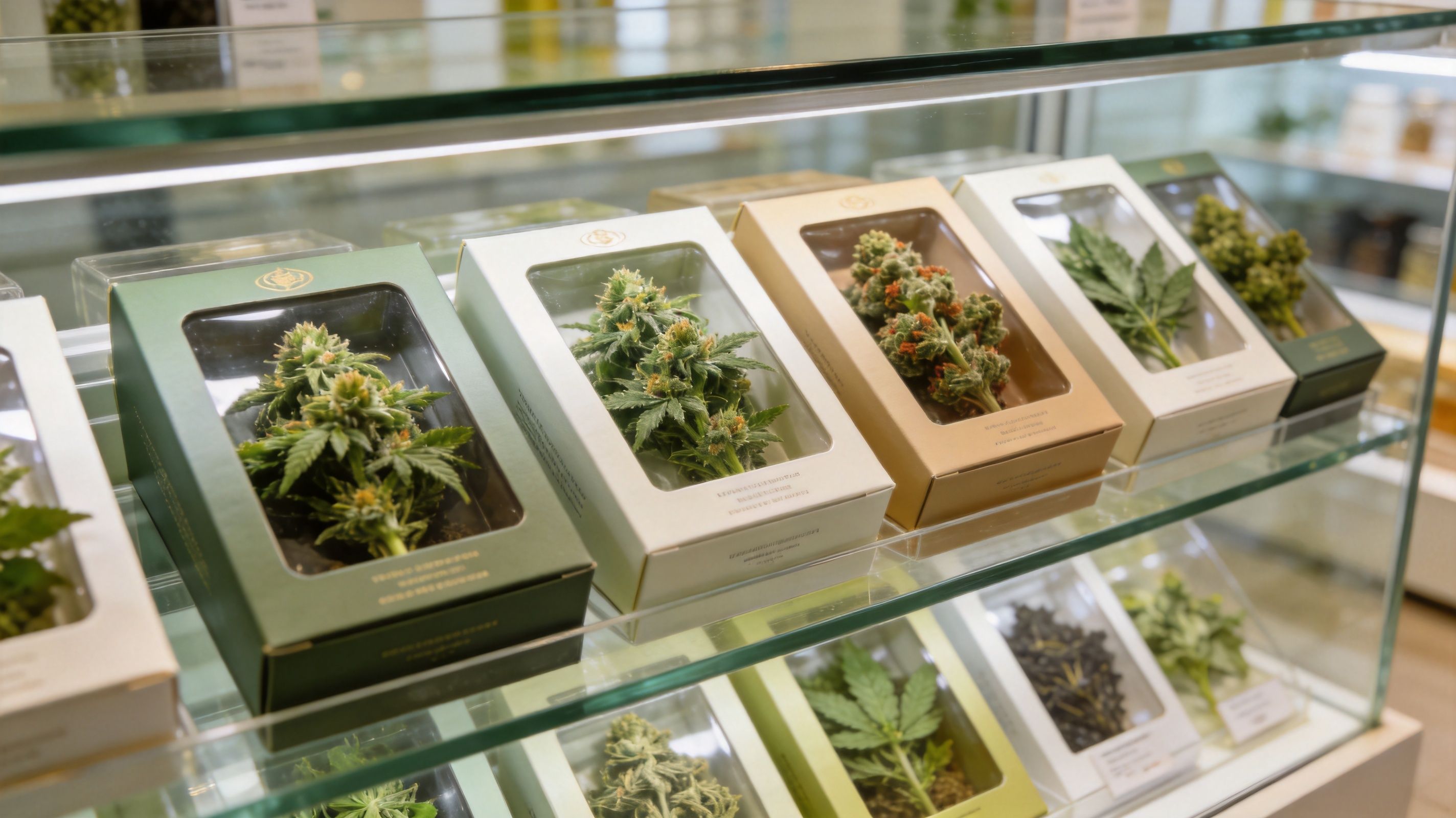 An array of packaged cannabis flower samples displayed in boxes on a glass shelf in a store.