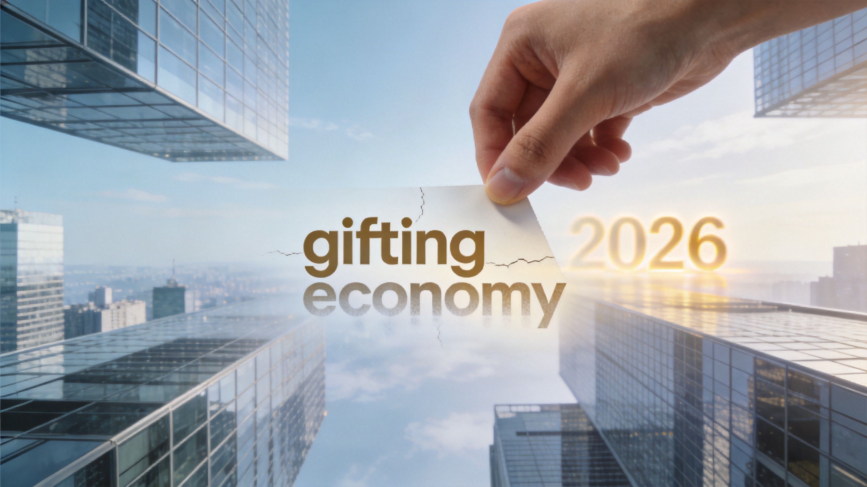 A hand holding a piece of paper with Gifting Economy text over a modern city skyscraper backdrop.