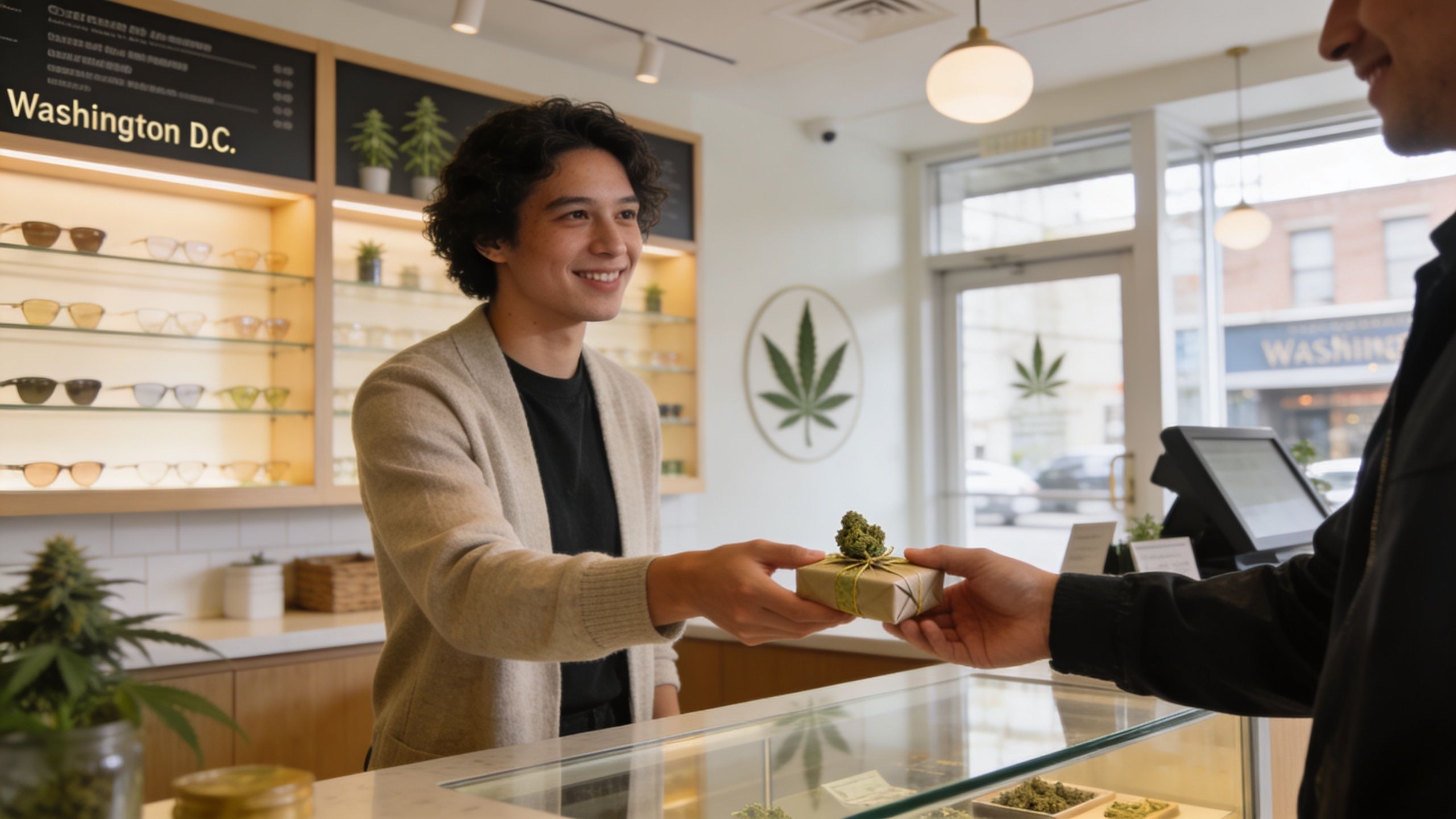 A friendly dispensary employee hands a small, gift-wrapped package to a customer at a Washington D.C. storefront.
