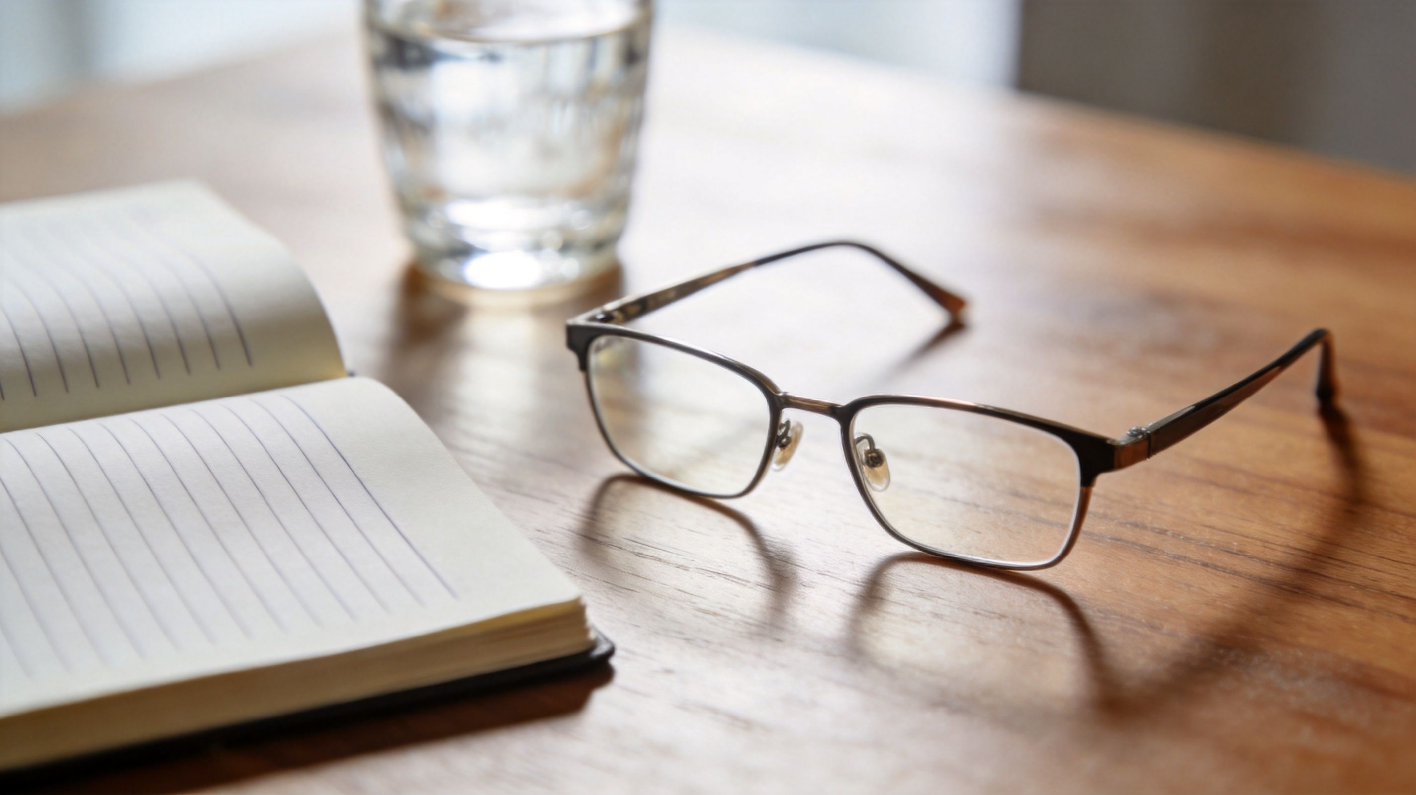 A pair of reading glasses resting on a wooden desk next to an open notebook and water.
