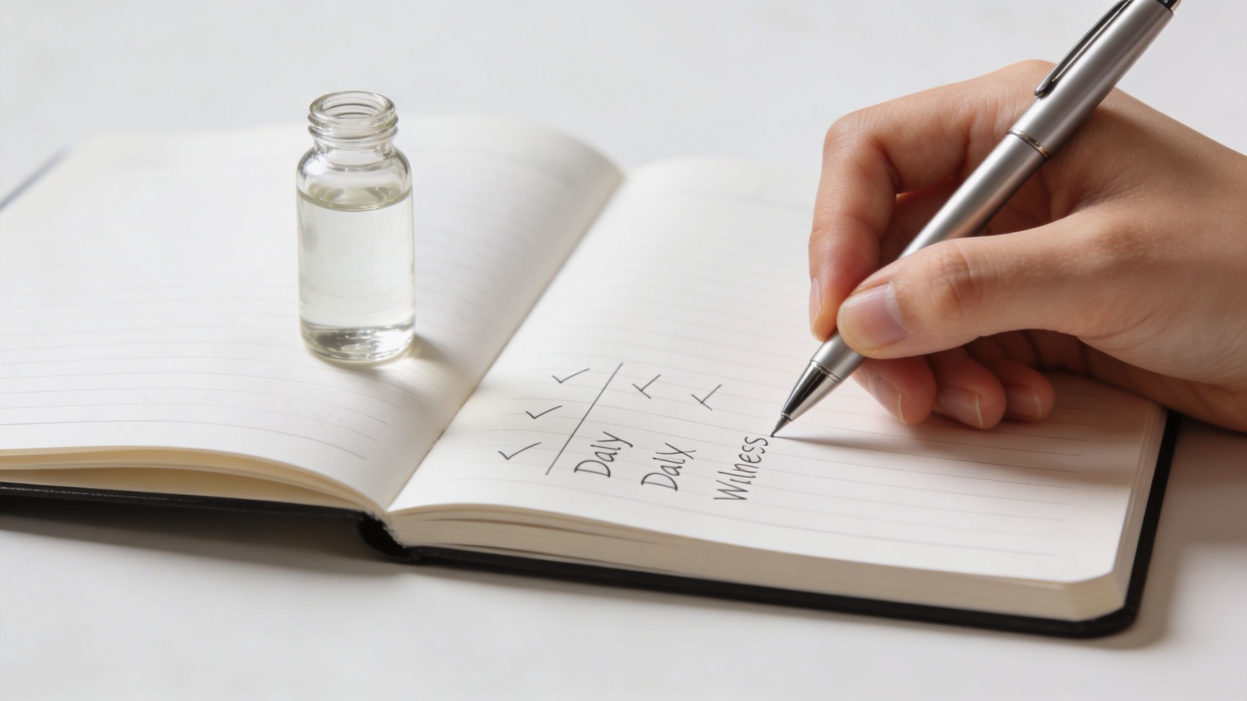 A hand writing on a notebook next to a clear glass vial for cannabis tincture dosing.
