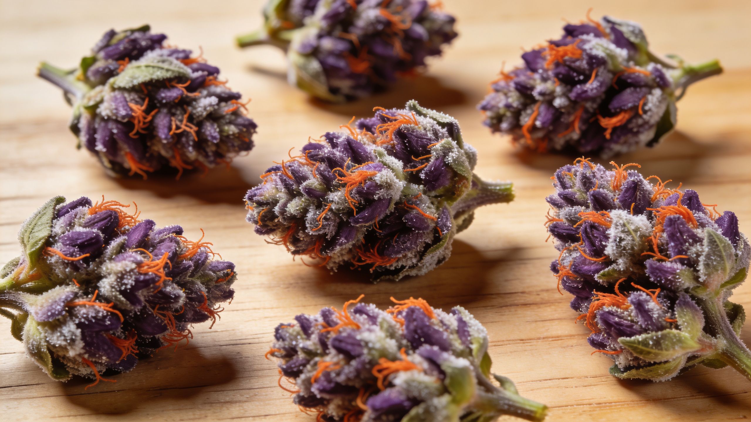 Several dried purple cannabis flower buds with orange pistils arranged on a light wooden background surface.