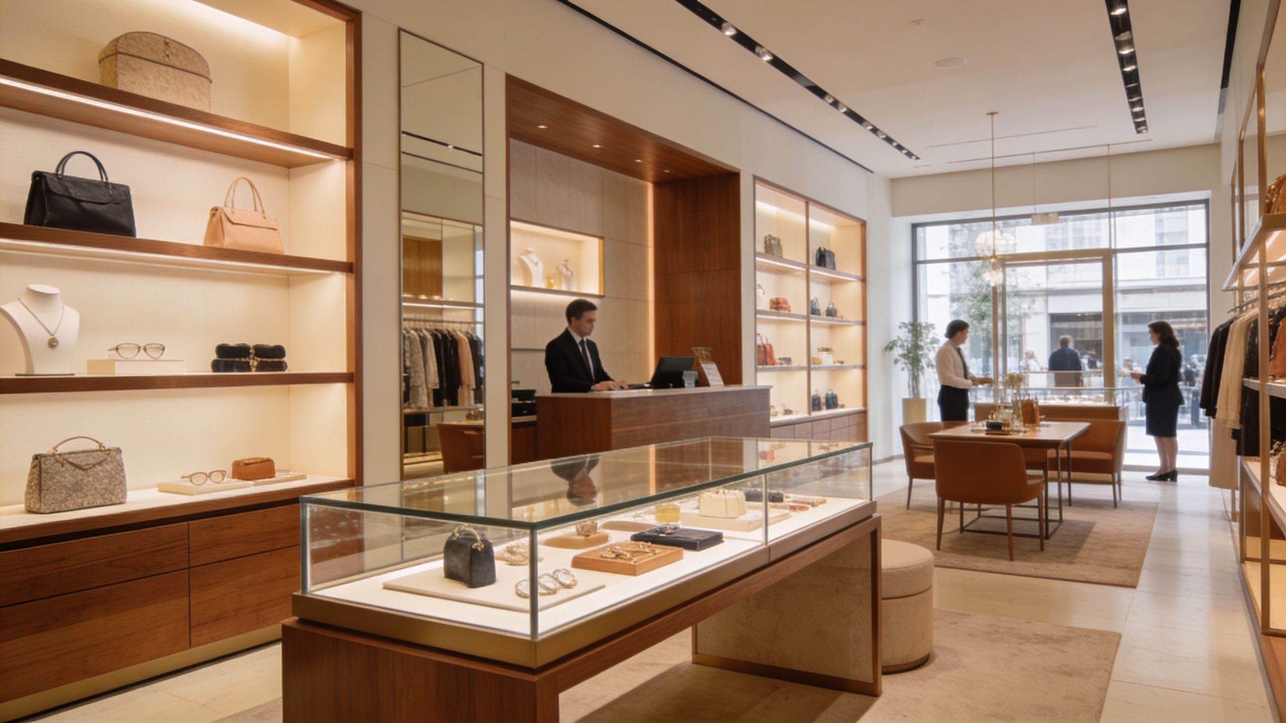A luxurious, well-lit boutique store interior featuring elegant display cases for jewelry and designer handbags.