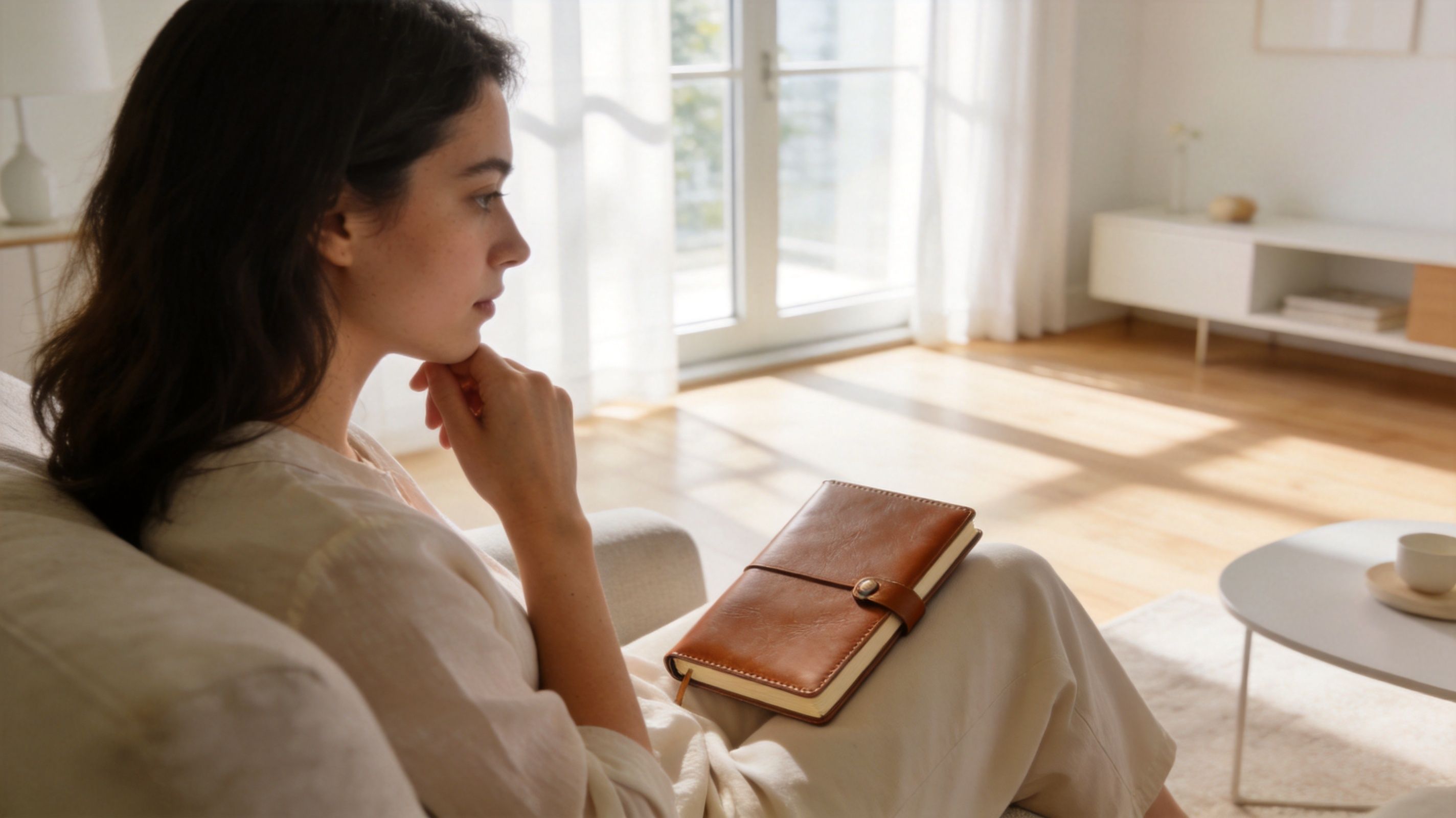 A pensive young woman holding a leather journal while sitting comfortably on a sofa in a sunlit room.