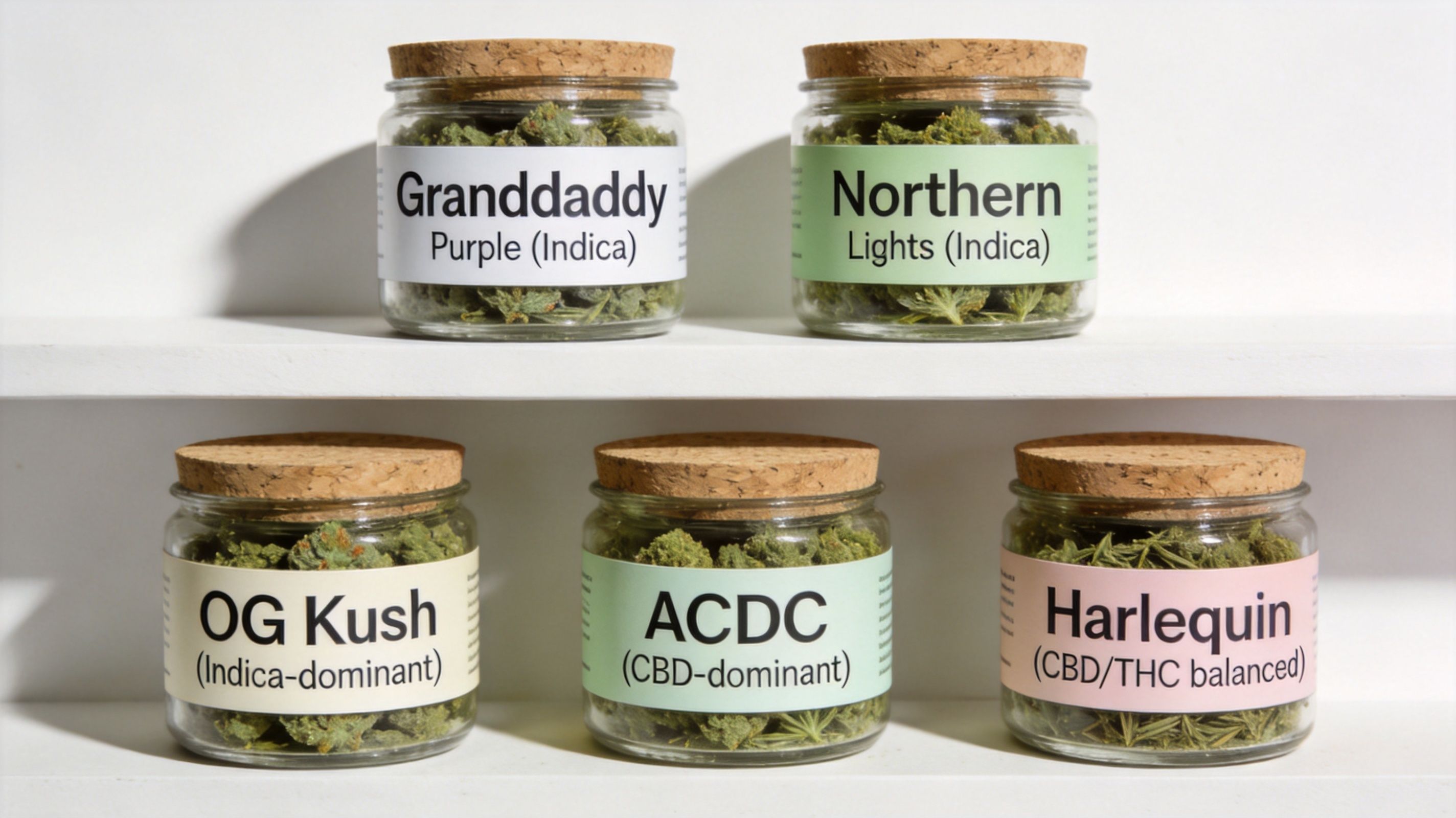 Five glass jars with cork lids containing various cannabis strains displayed on two white shelves.