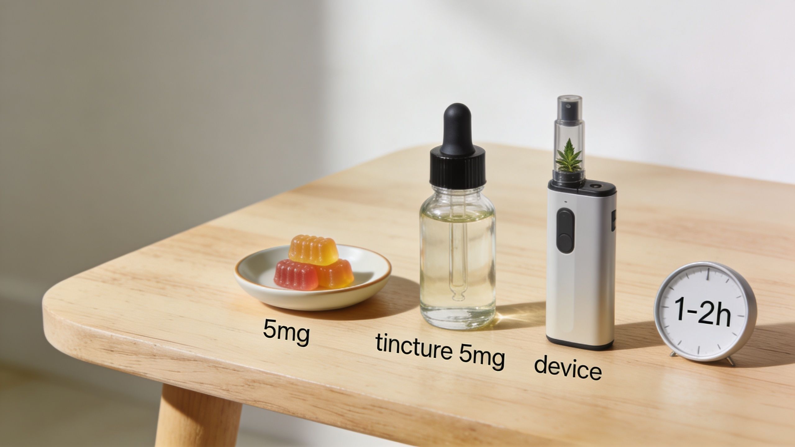 A small wooden table holds cannabis edibles, a tincture bottle, a vaping device, and a timer clock.
