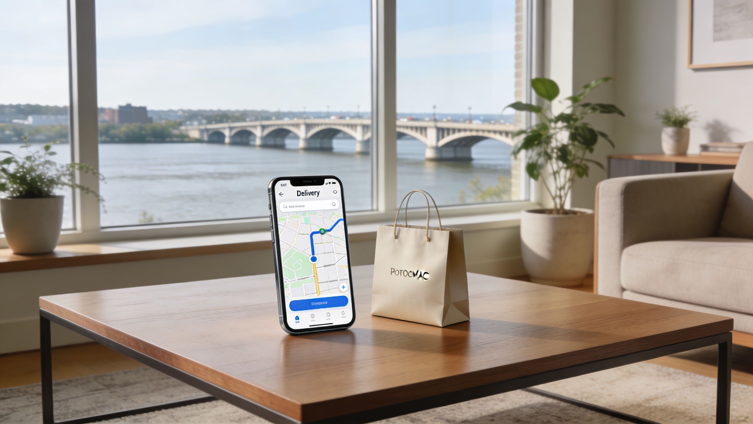 A smartphone showing a delivery app map with a shopping bag placed on a wooden table near a window.