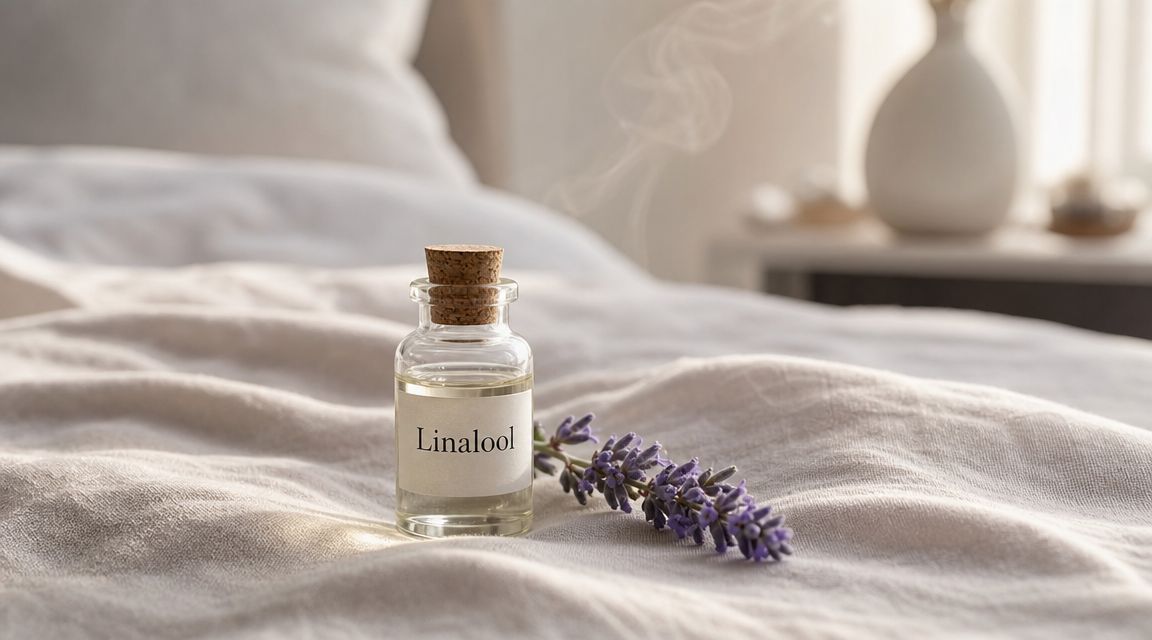 A small glass bottle of linalool terpene oil sits on white wrinkled linen beside fresh lavender flowers.
