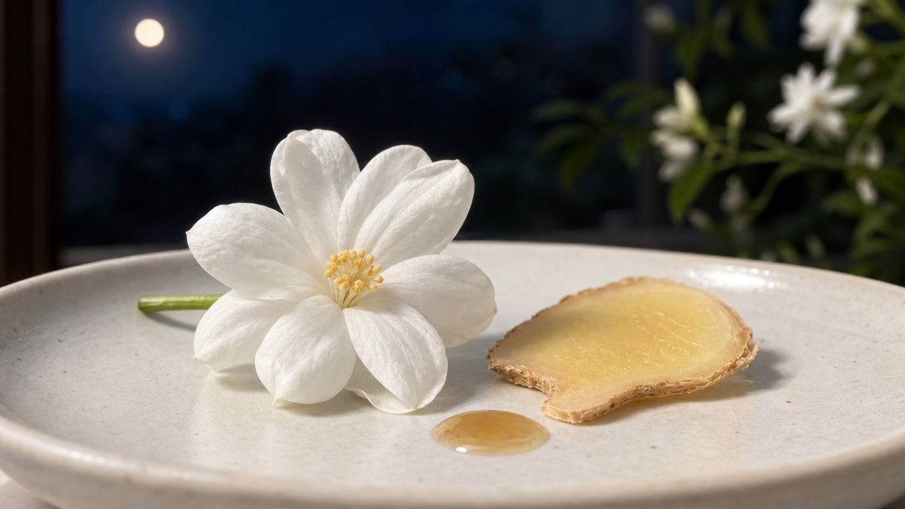 A fresh white jasmine flower, a slice of ginger, and honey on a white plate at night.