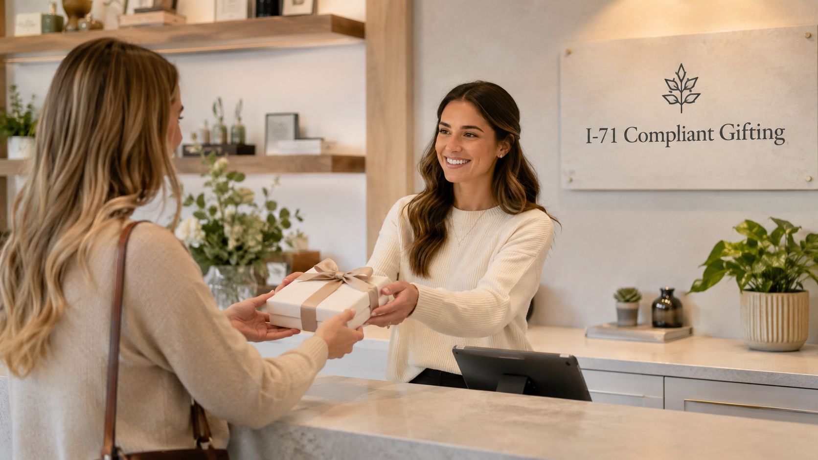 A friendly employee hands a beautifully wrapped white gift box to a customer at a boutique storefront.