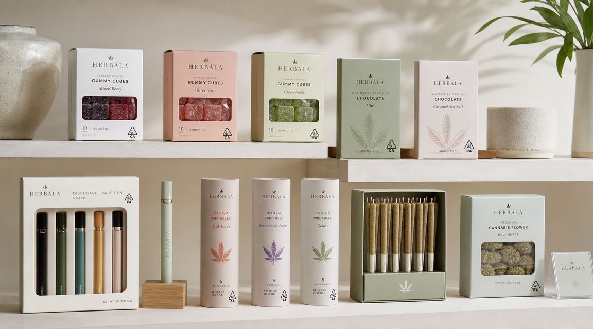 A collection of Herbala branded cannabis products including gummy cubes, vape pens, pre-rolls, and flower packaging.