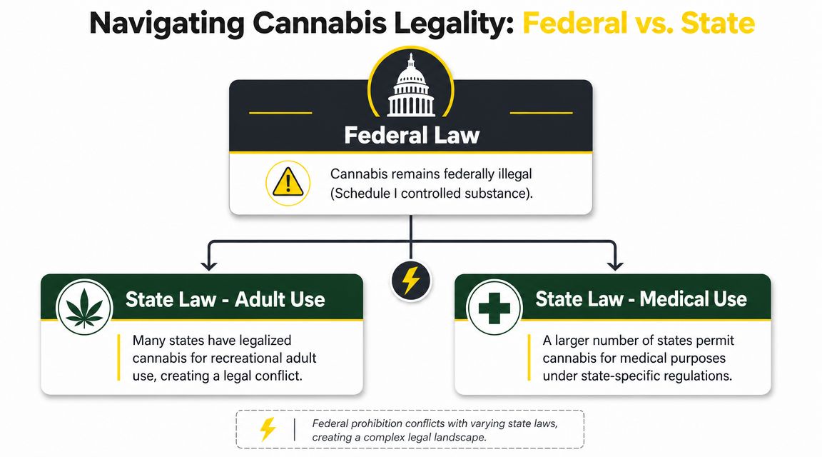 An infographic illustrating the legal conflict between federal cannabis prohibition and state-level adult and medical use laws.