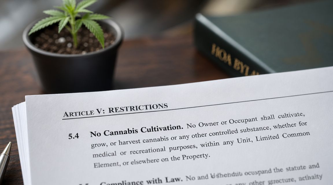 A document titled Article V Restrictions regarding the prohibition of cannabis cultivation with a plant nearby.