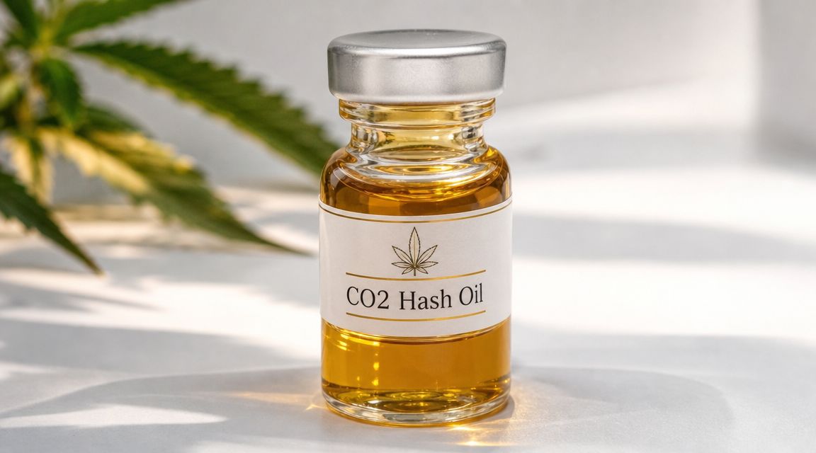 A small glass vial filled with golden CO2 hash oil, set against a blurry cannabis leaf background.