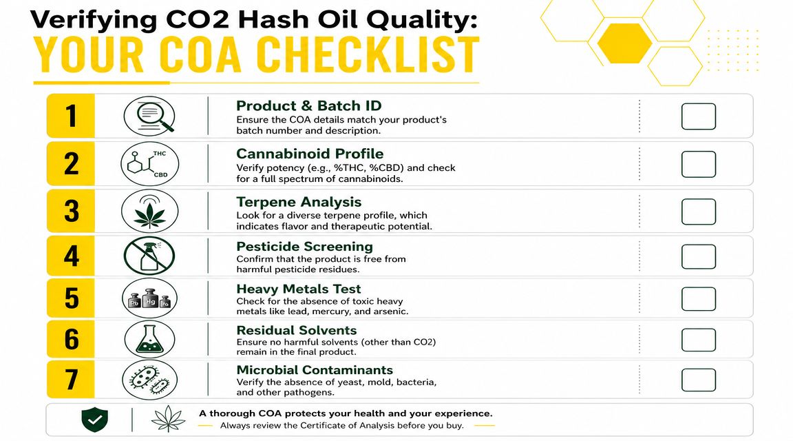A checklist illustrating seven key components to look for when verifying a CO2 hash oil certificate of analysis.