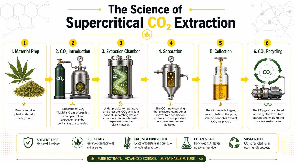A diagram illustrating the six steps of the supercritical CO2 extraction process for producing cannabis hash oil.