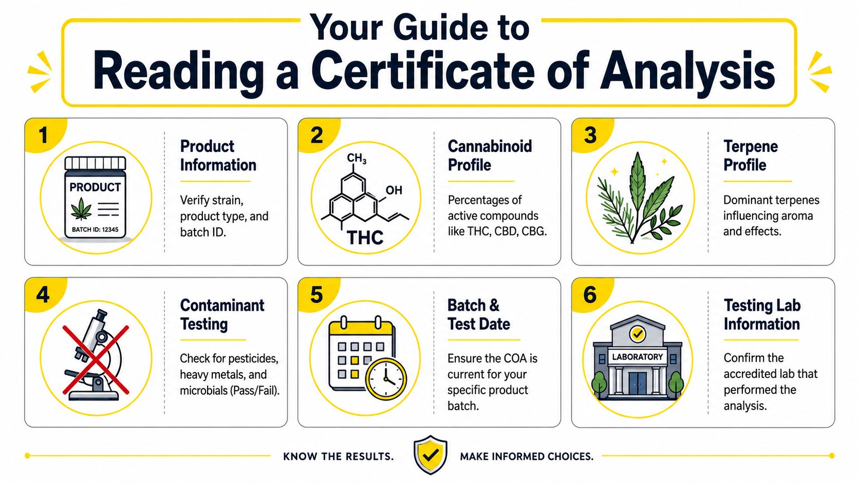 An infographic titled Your Guide to Reading a Certificate of Analysis showing six steps to understand cannabis testing.