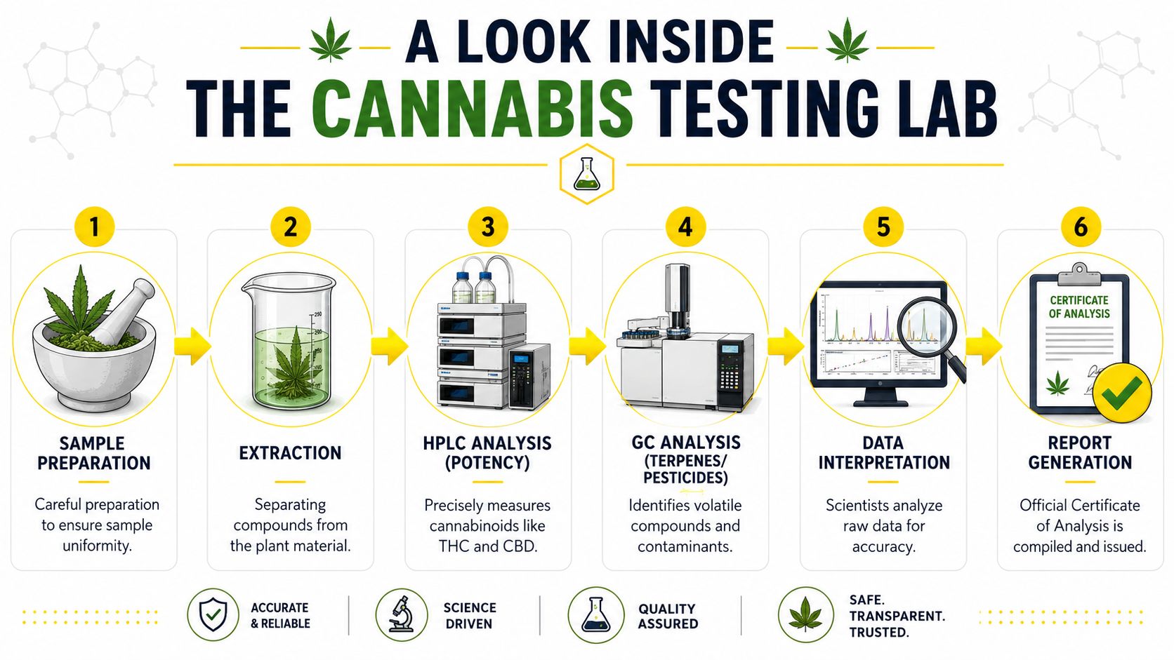A six-step infographic explaining the cannabis testing lab process, from sample preparation to final analytical report generation.