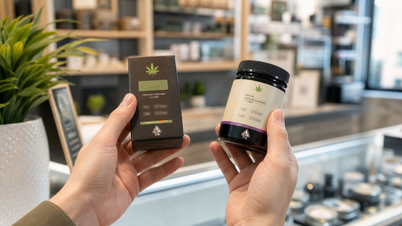 A person holding a hybrid cannabis flower box and an indica flower jar in a store.
