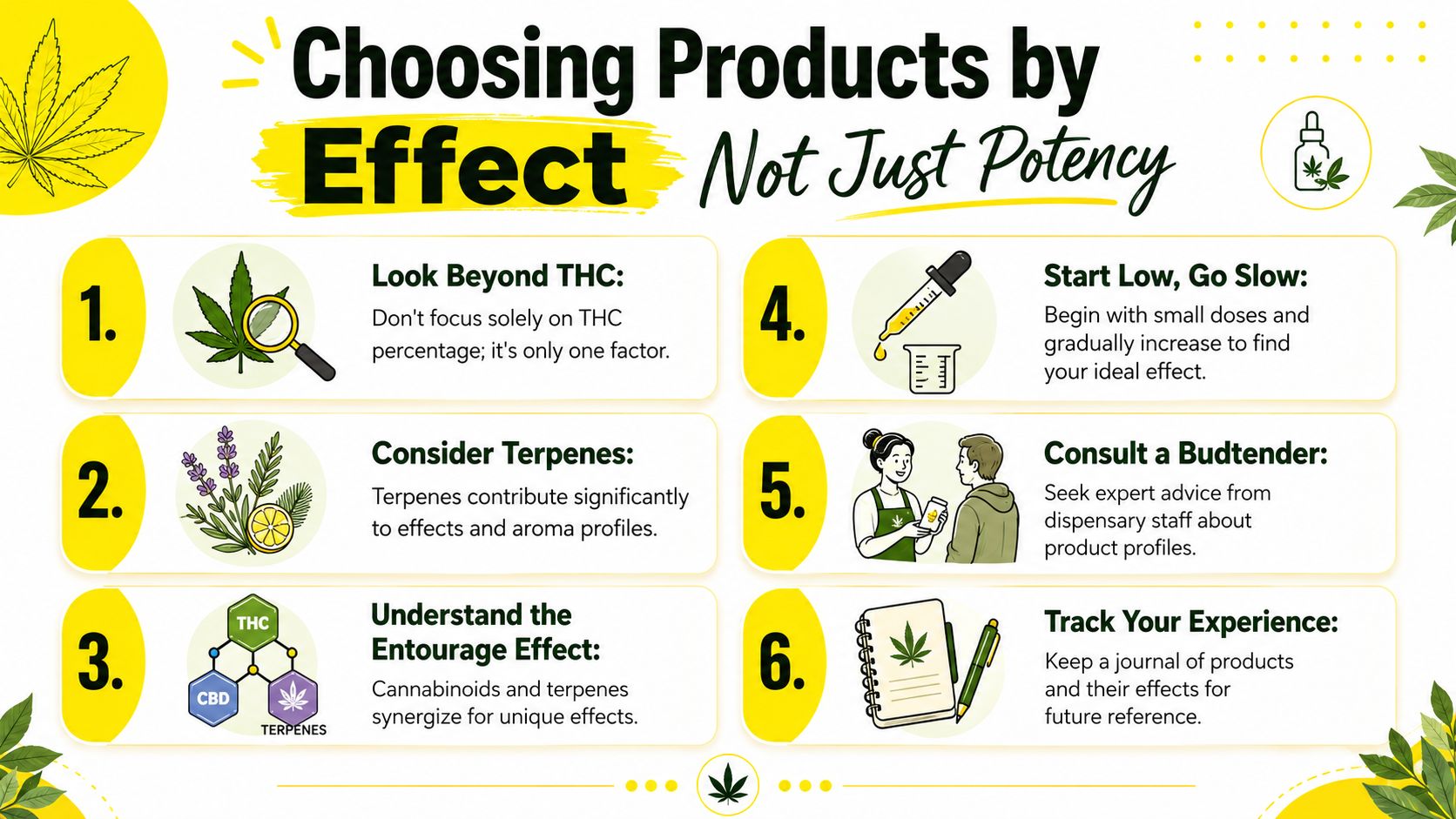 A guide infographic with six tips on how to choose cannabis products based on effects rather than potency.
