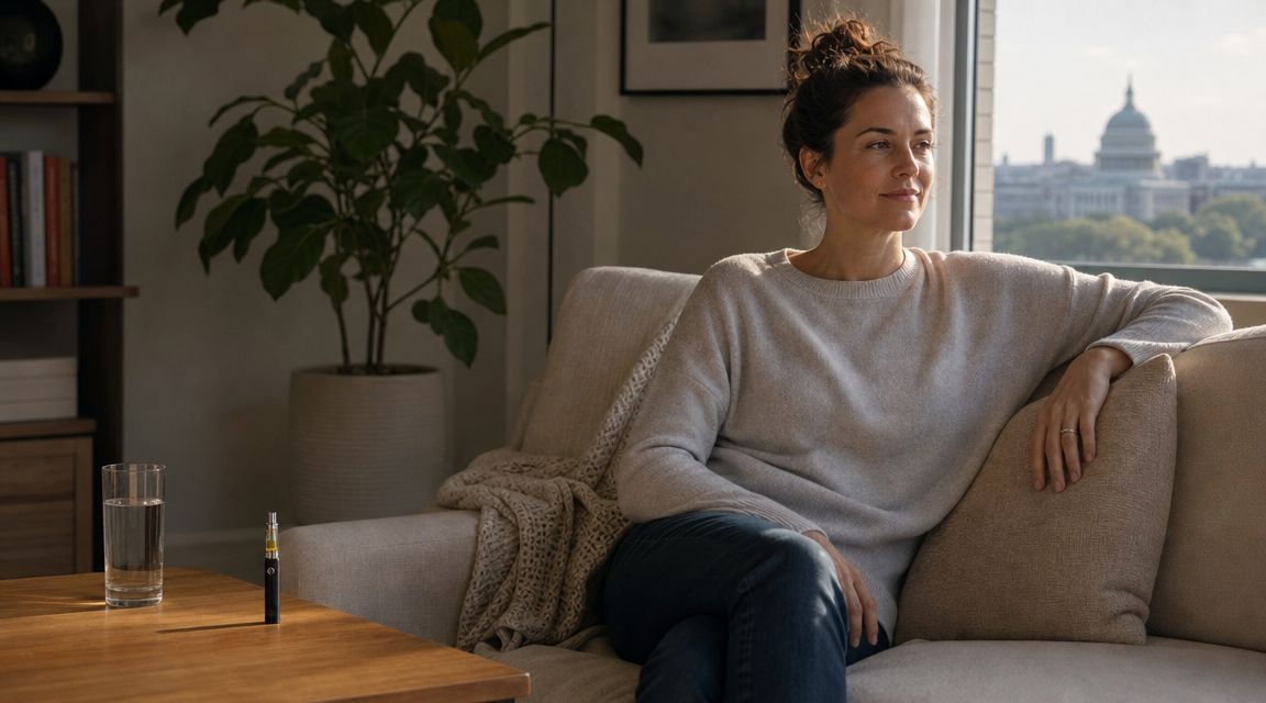 A woman relaxing on a sofa in a sunlit living room with a vaporizing device nearby.