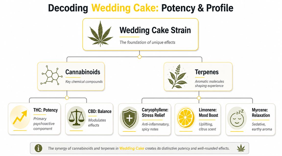 A diagram explaining the Wedding Cake strain, highlighting its cannabinoid and terpene profile and associated effects.