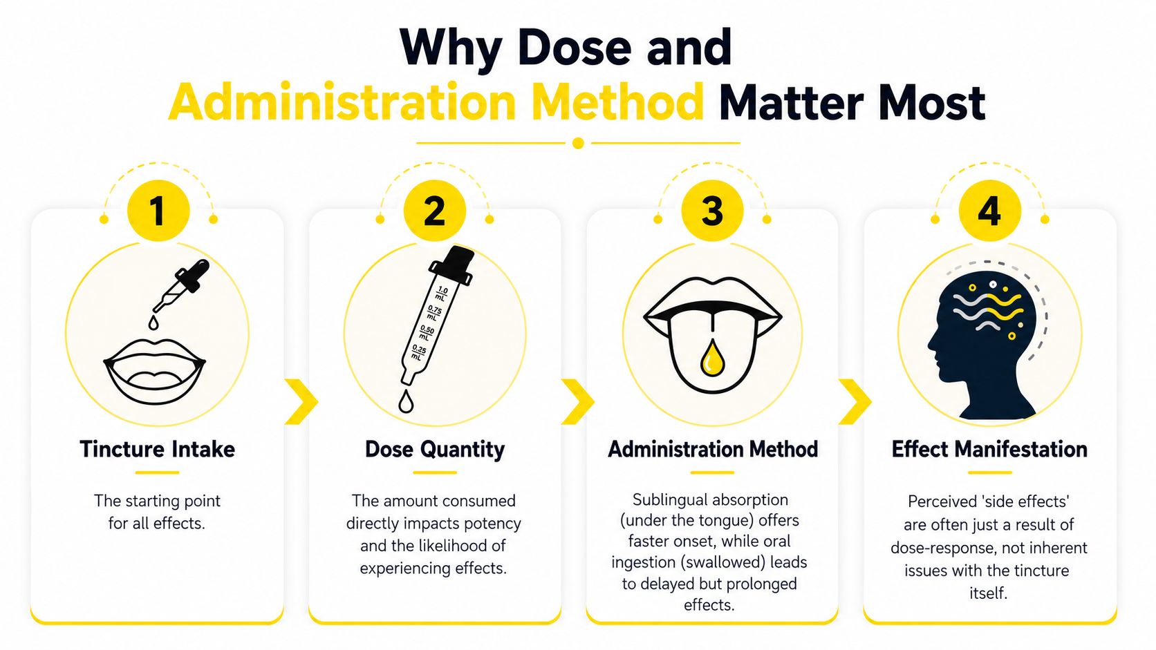 A four-step infographic explaining how tincture intake, dosage, administration method, and effects correlate for cannabis consumers.