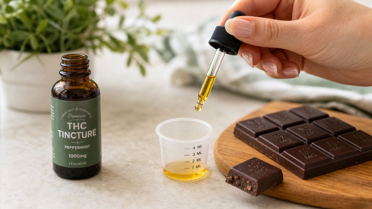 A hand holds a dropper of THC tincture over a measuring cup next to a chocolate bar.