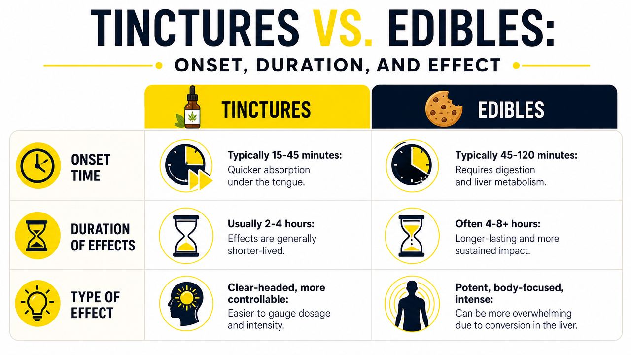 A comparison chart outlining the differences between cannabis tinctures and edibles regarding onset time, duration, and effects.