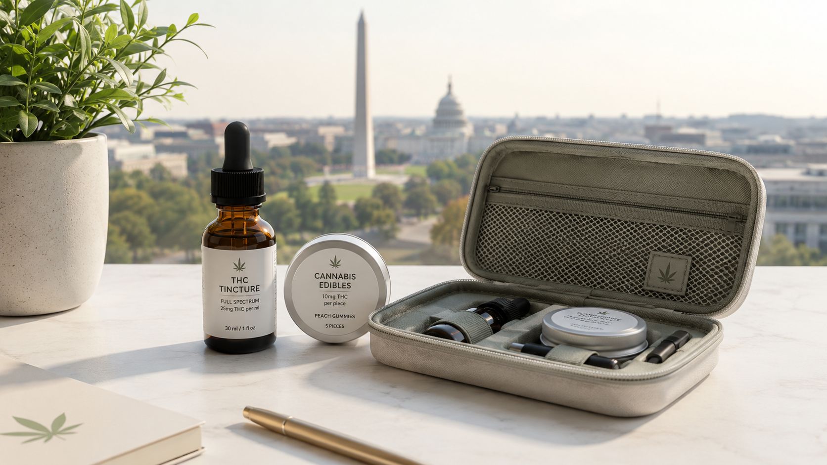 THC tincture and peach gummies arranged on a marble table with the Washington Monument in the background.