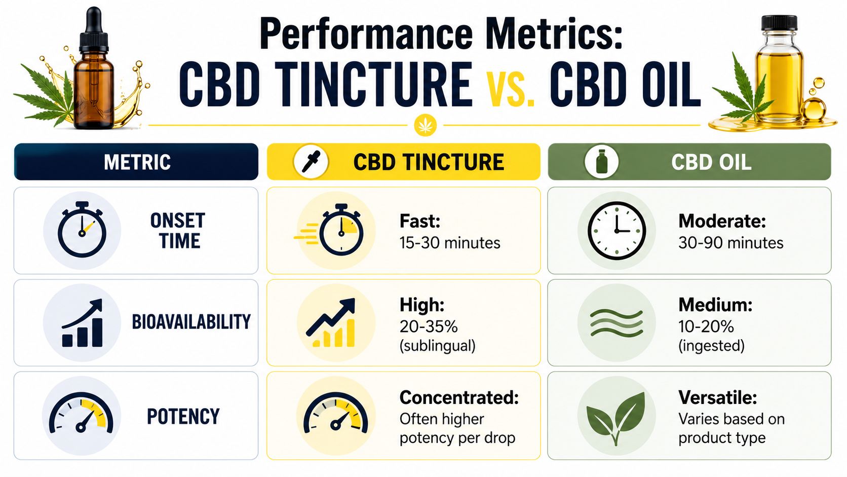 A comparison chart showing performance metrics between CBD tincture and CBD oil including onset time, bioavailability, and potency.