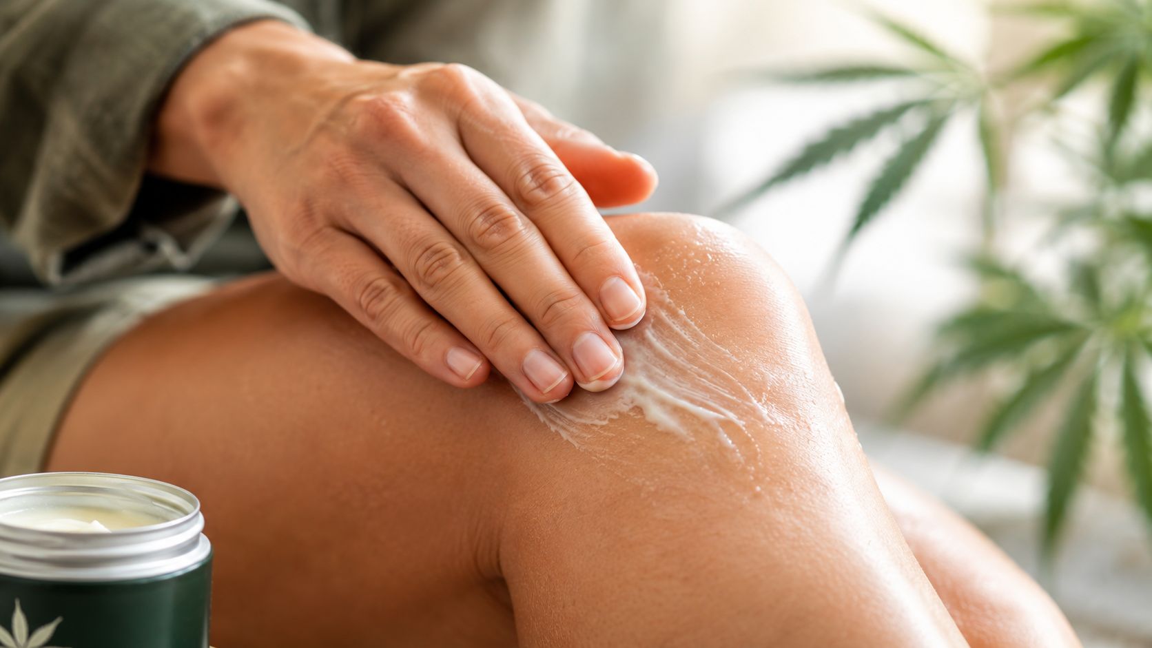 A person applying hemp-infused topical cream to their knee for pain relief with a cannabis plant nearby.