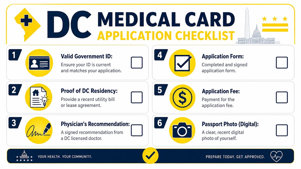 A checklist for a DC medical card application listing six required documents to prepare for approval.