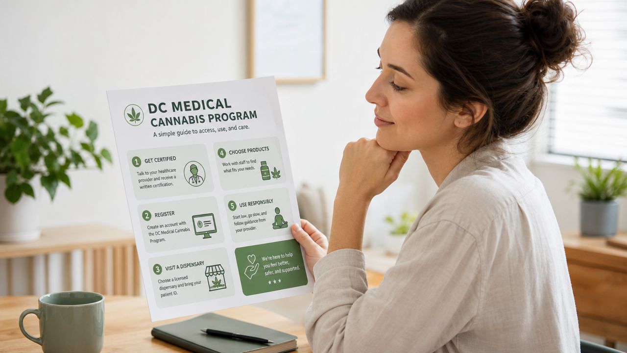 A woman holding an informational document about the DC medical cannabis program in a bright, modern office.