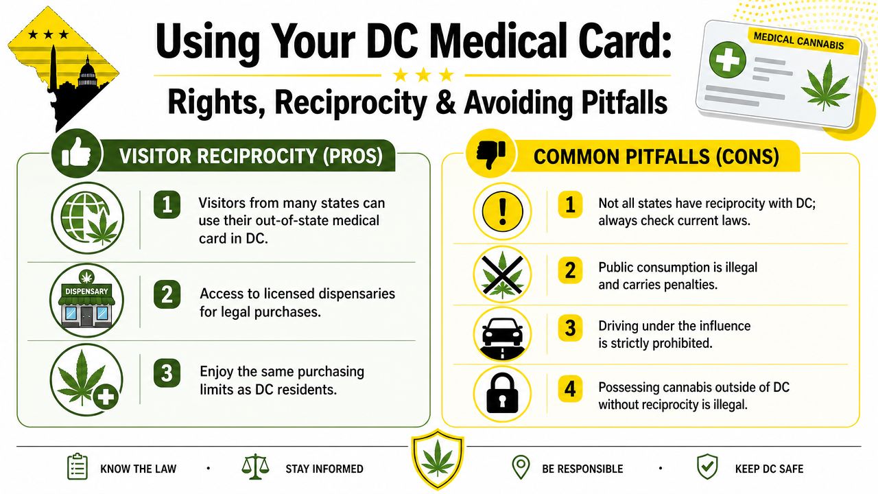 An infographic detailing the rights, reciprocity rules, and common pitfalls for using medical cannabis cards in Washington DC.