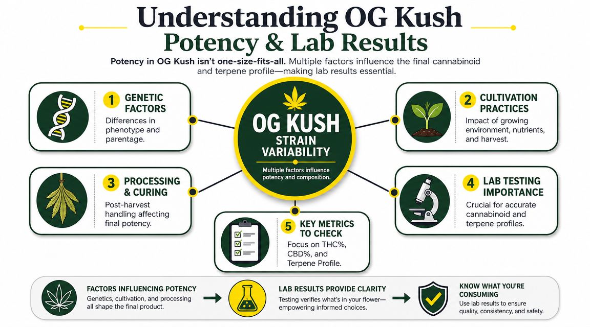 An infographic explaining the factors influencing OG Kush strain potency, including genetics, cultivation, and lab testing.