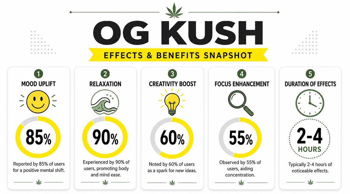 An infographic showing the effects and benefits of OG Kush strain including mood, relaxation, and focus.