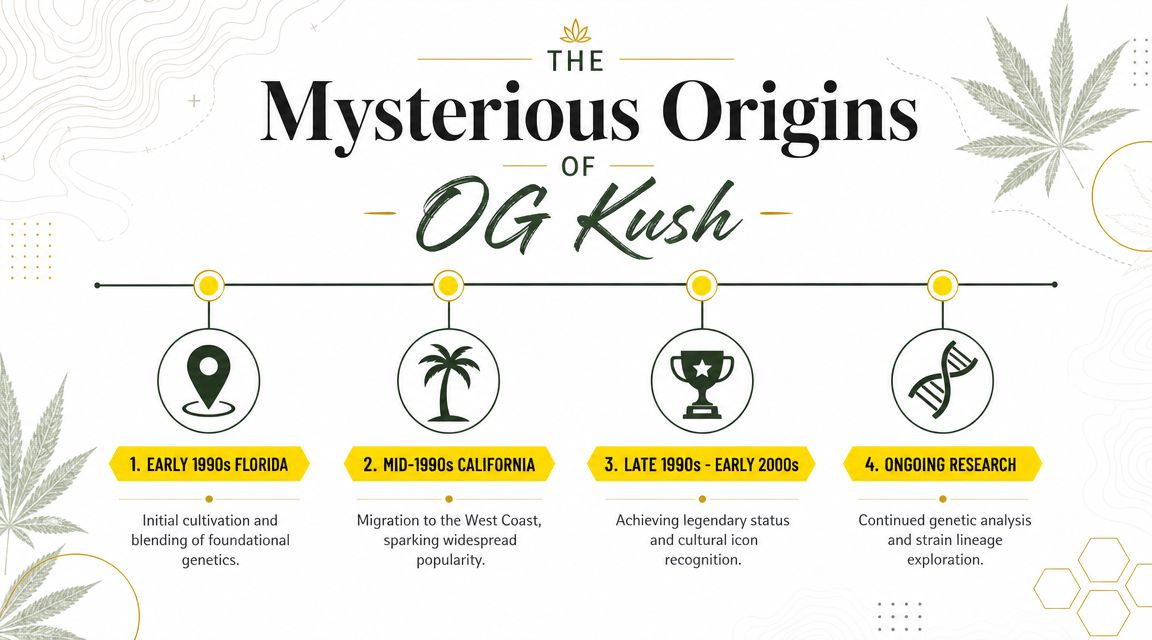 A timeline infographic detailing the history and mysterious origins of the OG Kush cannabis strain.