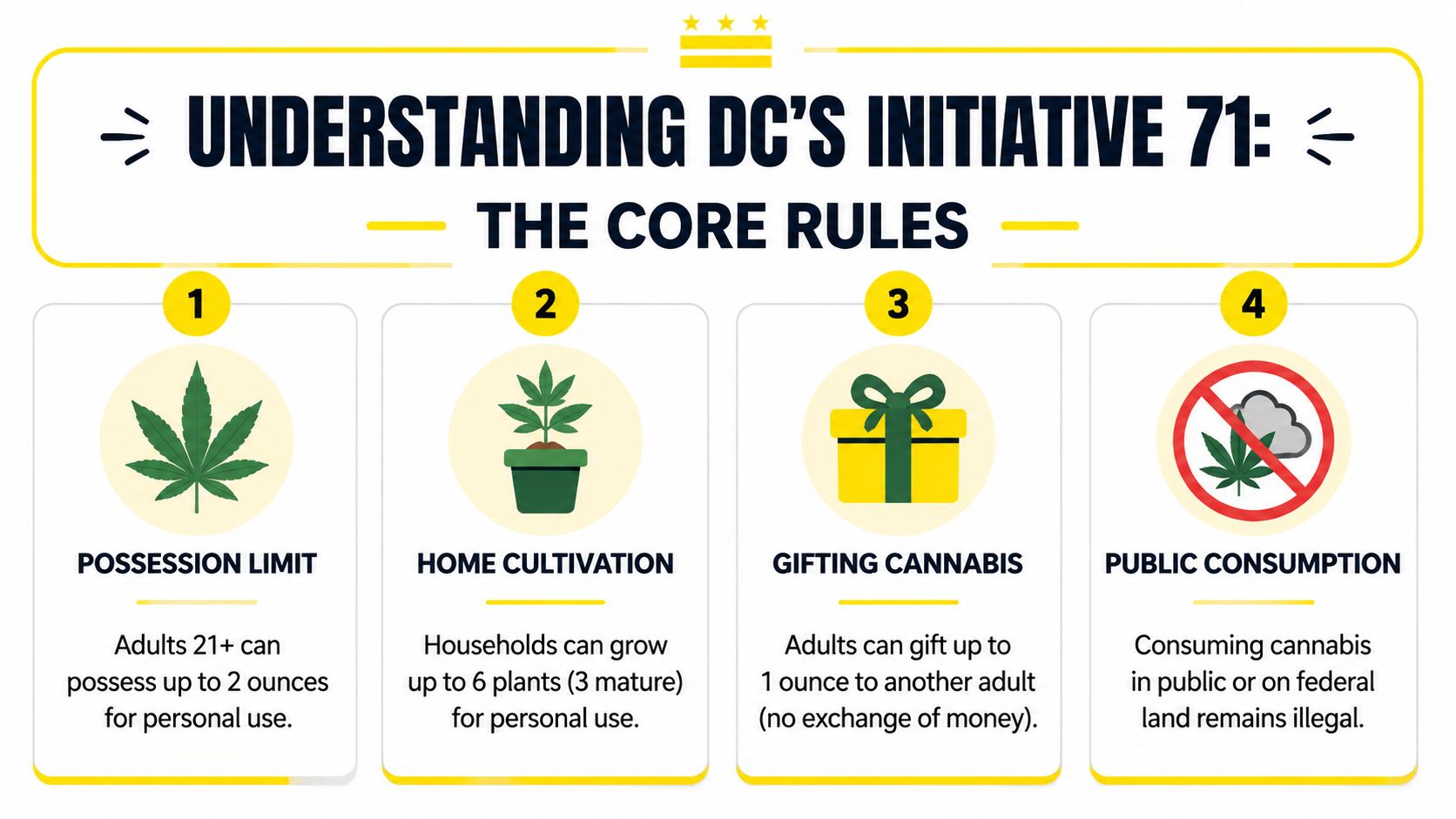 An infographic titled Understanding DC's Initiative 71 detailing the legal rules for cannabis possession, cultivation, gifting, and consumption.