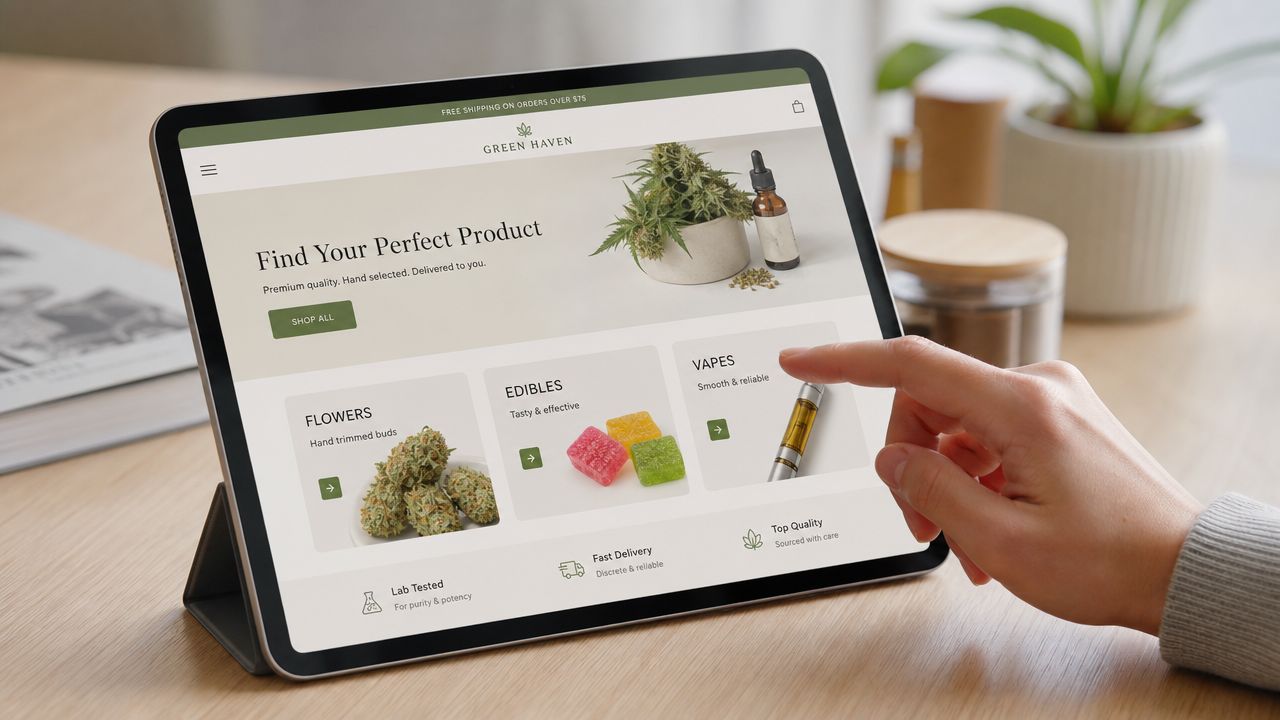 A person using a tablet to browse a cannabis dispensary website named Green Haven for online shopping.