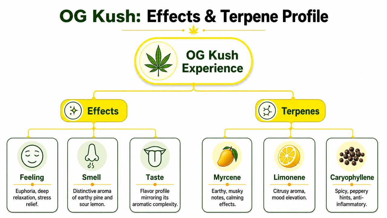 An infographic detailing the effects and primary terpene profile of the OG Kush cannabis strain.