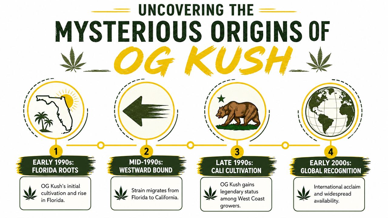 An infographic detailing the historical timeline of the OG Kush cannabis strain's development and global spread.