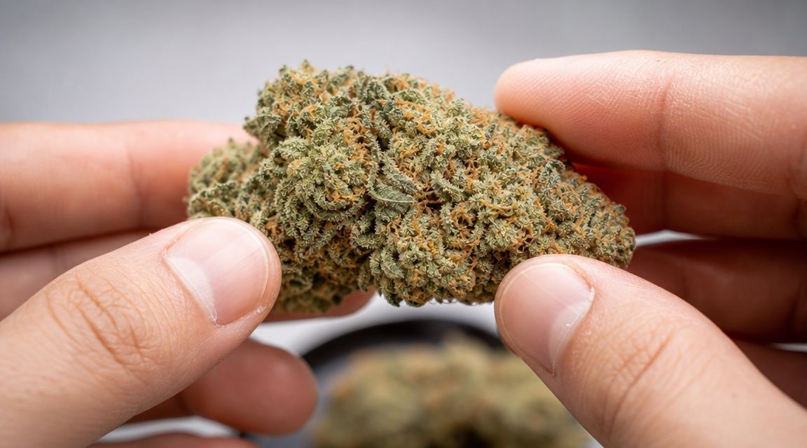 A close-up view of a person holding a dense, high-quality OG Kush cannabis flower bud.