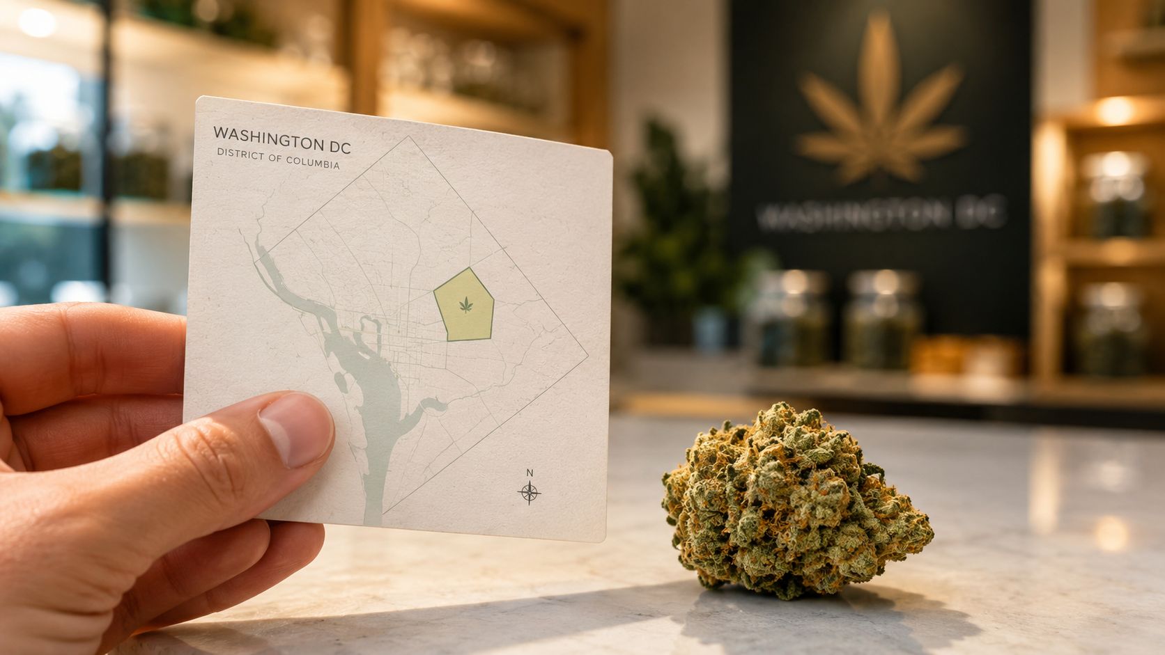 A hand holding a card showing a Washington DC map next to a cannabis flower bud.