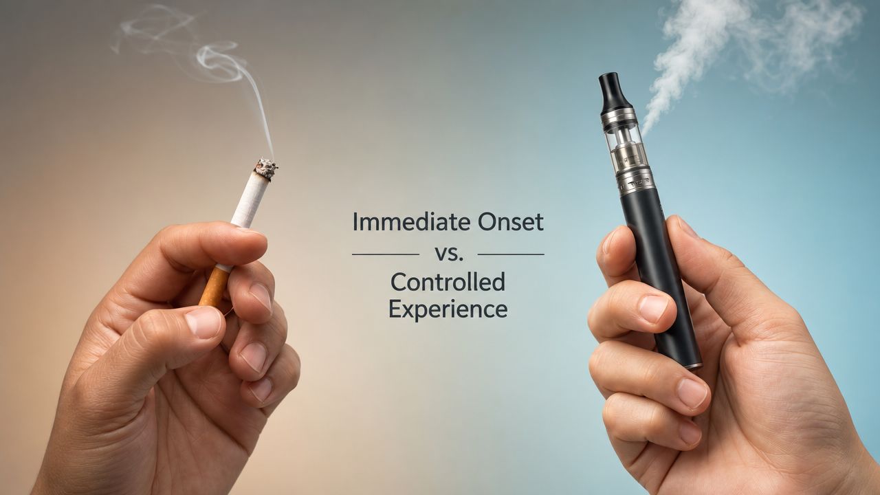 A hand holding a burning cigarette next to a hand holding an electronic vaping device.