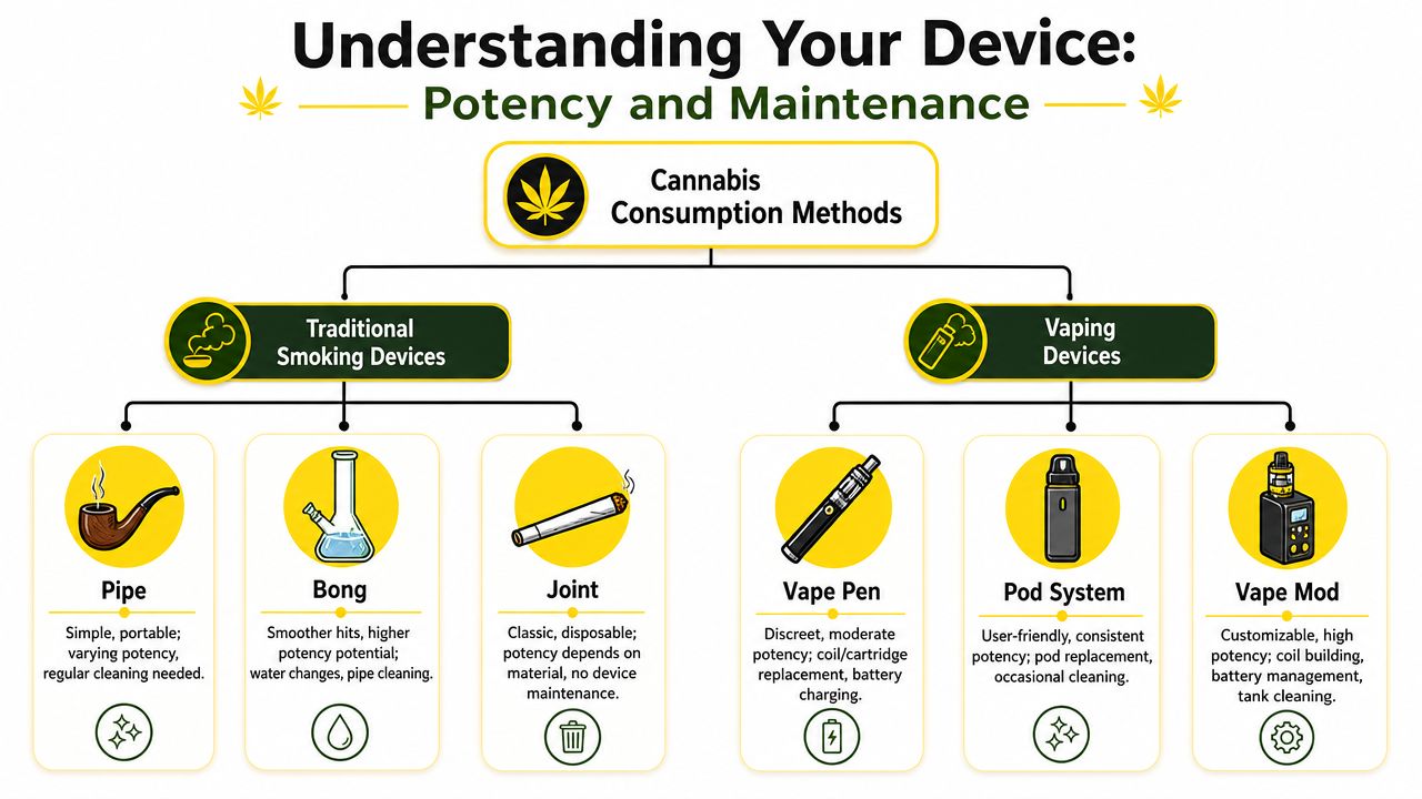 A flowchart infographic comparing different cannabis consumption methods including traditional smoking devices and various vaping devices.