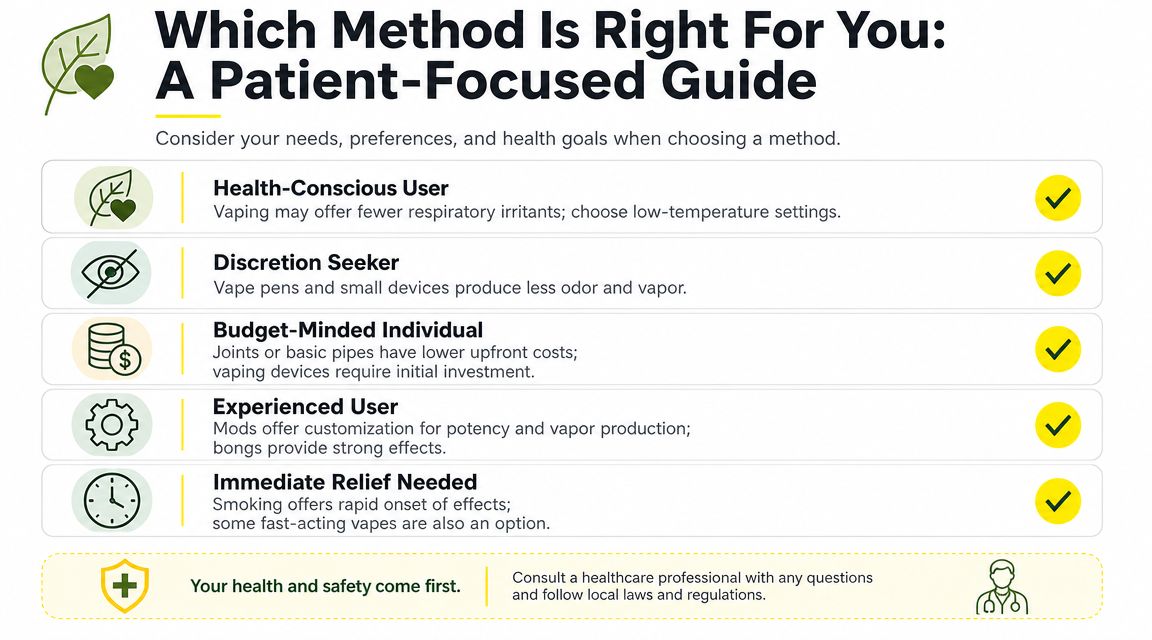 A guide helping patients choose between smoking and vaping based on individual needs and health goals.